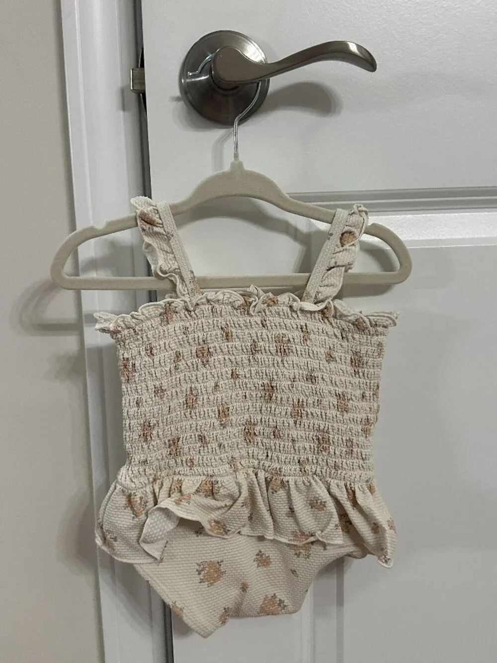 QUINCY MAE Ruffle Smocked Bodice Piqué One-Piece Swimsuit in Ivory Size 3-6 M